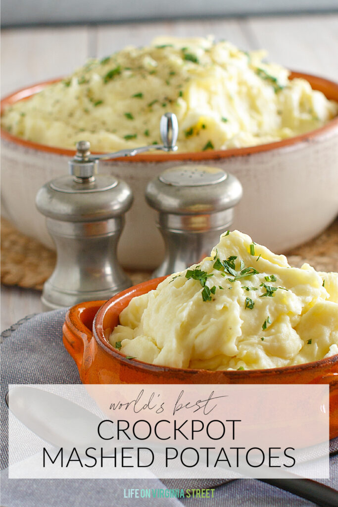 The world's best crockpot mashed potatoes recipe! Serve fresh or reheat in a crockpot up to 2 weeks later!