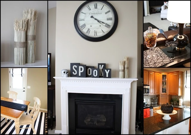 A collage of home decor Halloween decorations with a mantel decorated with spooky, skulls and glitter around the house.