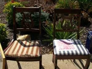 Two chairs with striped seats and music notes on the back.