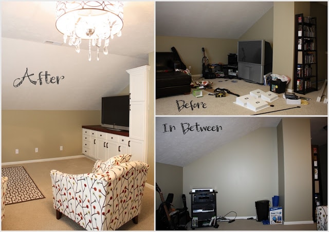 DIY entertainment center with kitchen cabinets before and after pictures.