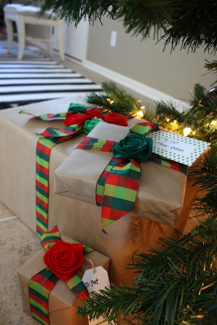 Wrapped Christmas presents under the tree.