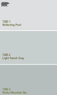 Behr Light French Gray paint color swatch. Reflecting Pool and Rocky Mountain Sky are similar paint colors (slightly lighter and darker) that are equally as beautiful for creating a soothing and relaxing room! Perfect for bedrooms and bathrooms!