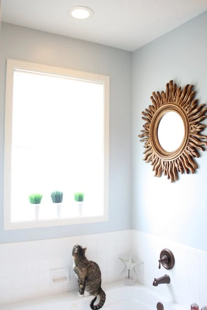 Bathroom walls painted Behr Light French Gray. It's a beautiful light blue gray paint color option!