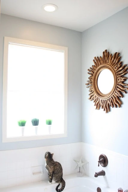 A master bathroom painted in Behr Light French Gray, with a cat on the side of the bathtub and a large mirror above the tub.