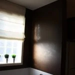 Dark brown walls in bathroom and roller shades on window.
