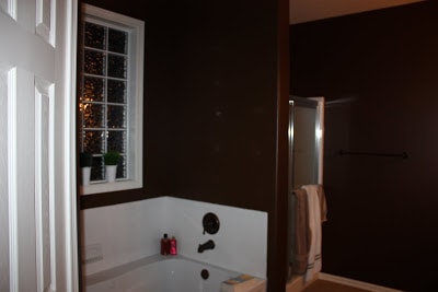 The bathroom before painting with very dark walls.
