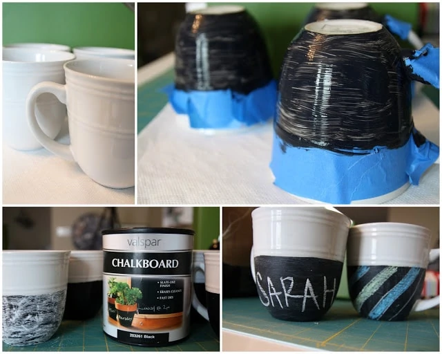 Painting the mugs with chalkboard paint.