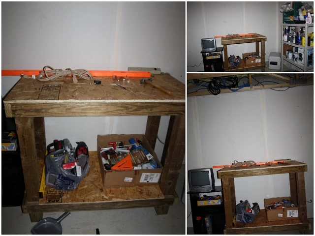 A wooden work bench in the basement with tools on it.