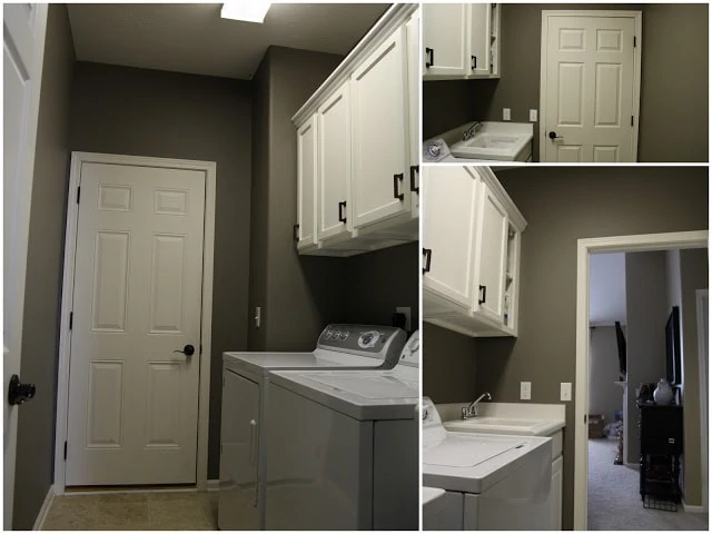 Restoration Hardware Slate paint in a laundry room with washer and dryer.