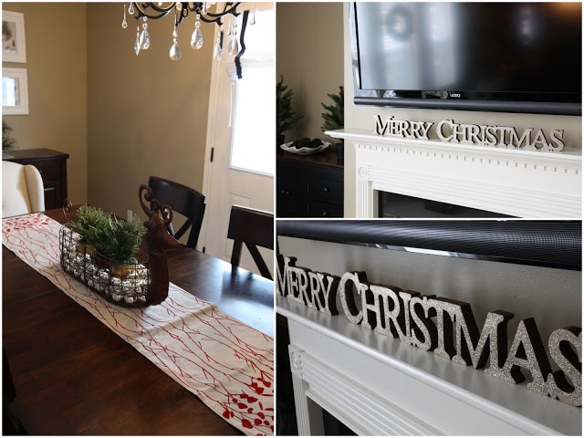 Glittery Merry Christmas sign displayed on the mantel.