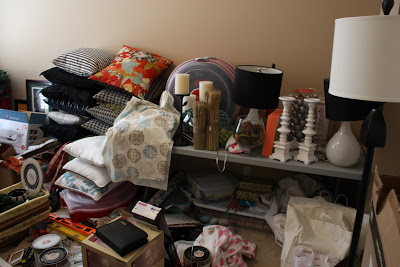 Stuff lying all around an office, various household items.