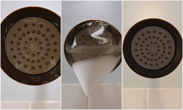 Shower heads shown one with soap on it.