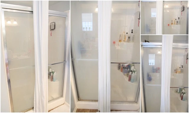 Glass shower doors with shampoo and conditioner bottles in the shower.