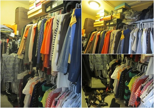 A crowded and cramped master closet.
