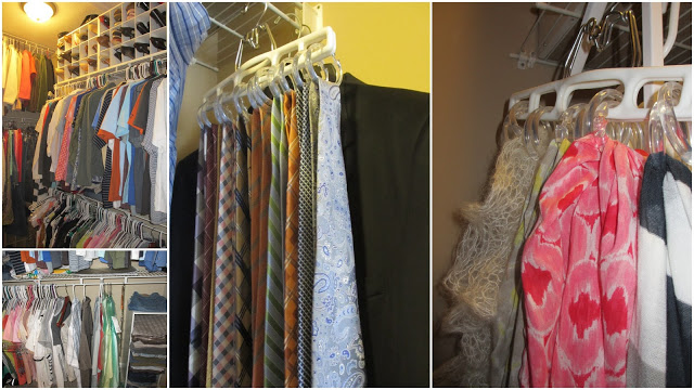 New racks with ties and scarves, and the clothes hung up and a shoe shelf.