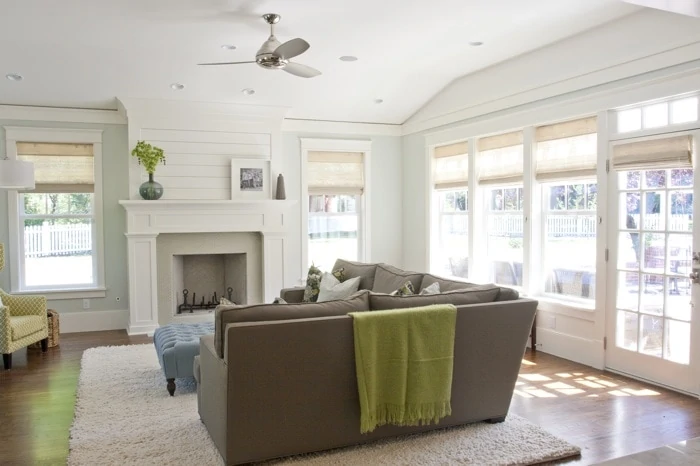 Benjamin Moore Healing Aloe Living Room Walls via Caitlin Creer Interiors. It's a perfect pale blue green paint color!