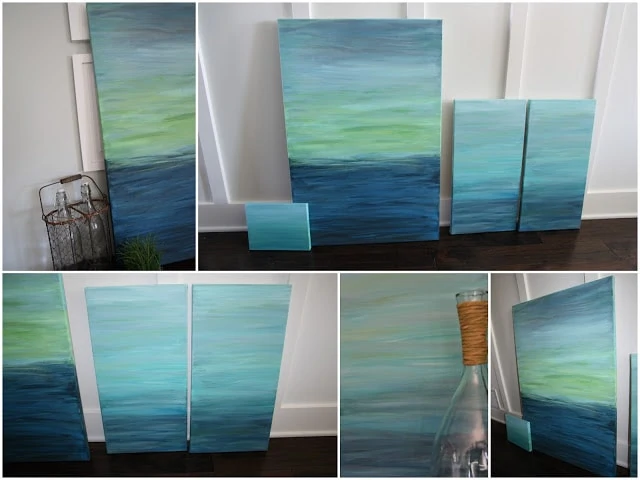 Canvases with various shades of blue.