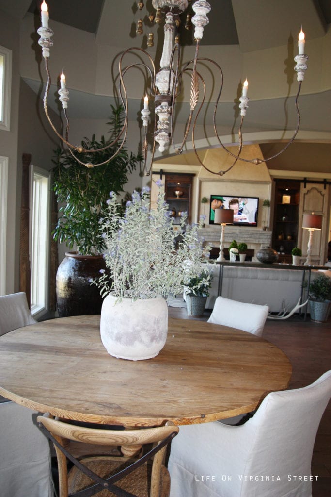 A plant on the round table just off the kitchen.