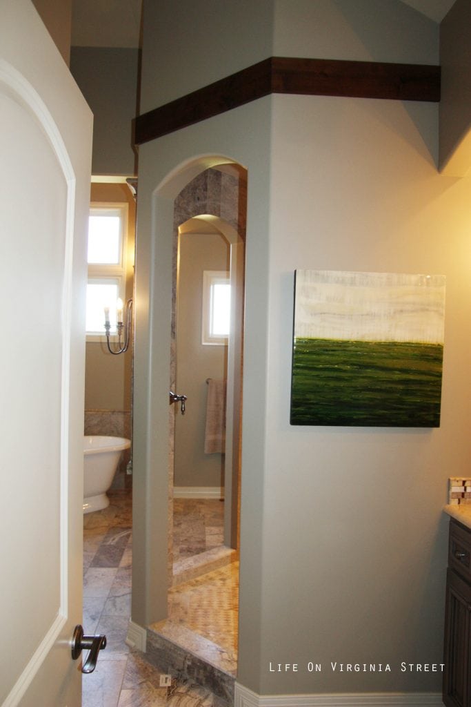 Walk-through shower details with a green and white picture on the wall.