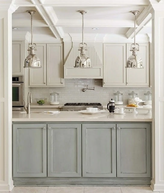 Blue and gray kitchen with Restoration Hardware Benson Pendants