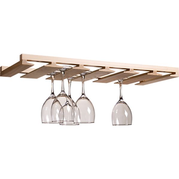 Light wooden wine glass holder with clear wine glasses.