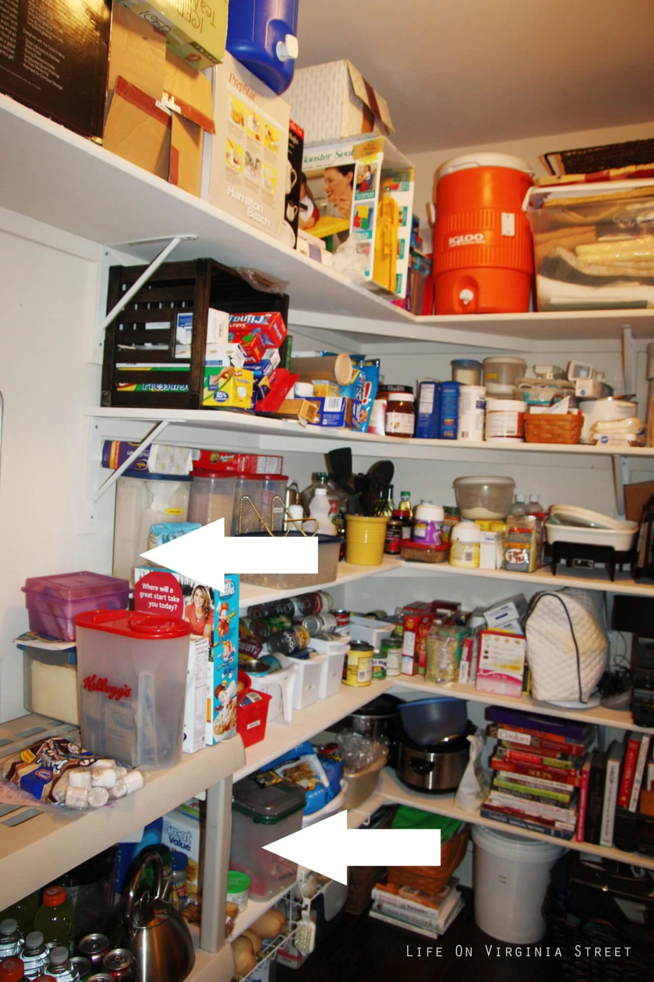 Cluttered pantry shelves.