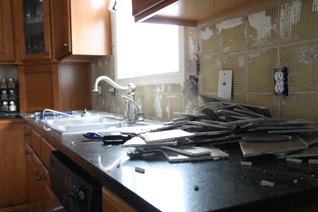 The ceramic backsplash off the wall smashed on the kitchen counter.