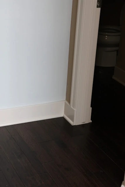 The dark wood floor, white baseboards and a light blue wall.