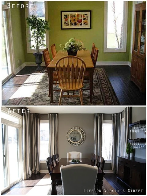Before and after using Restoration Hardware Slate Paint and Gray and Beige striped linen drapes