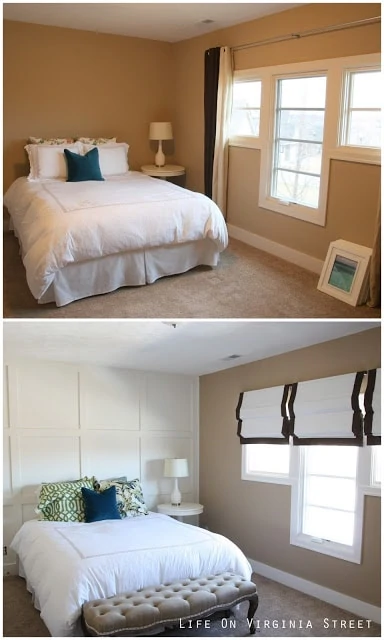 Before and after guest bedroom with board and batten wall