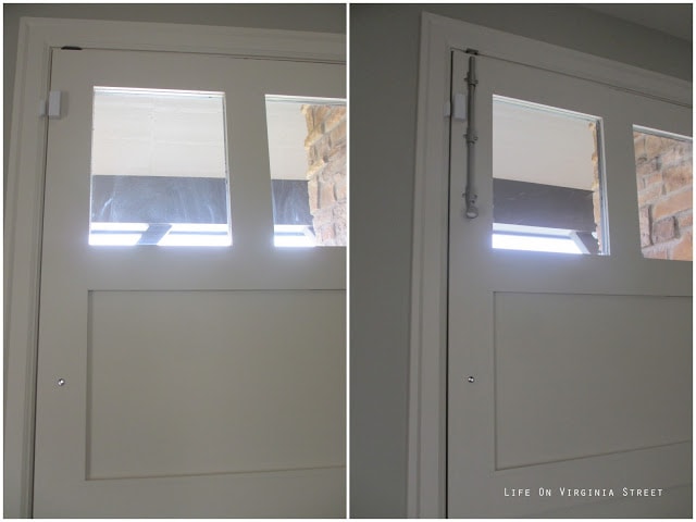Before and after installing a surface bolt on a front door.