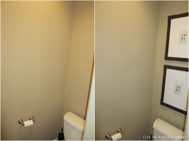 A small bathroom with an empty wall in one picture and pictures on the wall in a second photo.
