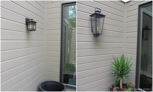 A before picture of changing out the lights on the side of the house.