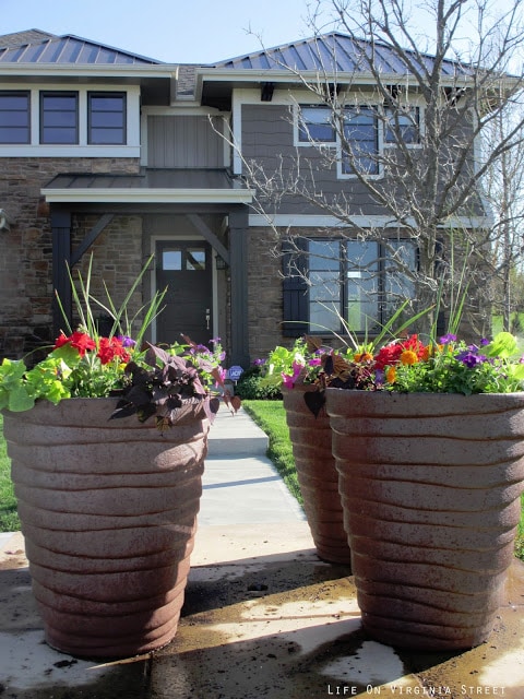 A large house with planters filled with plants at the front of the house.