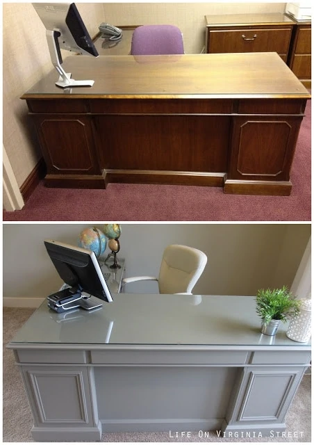 Office desk makeover using new wood trim and gray chalk paint. Such a beautiful transformation!