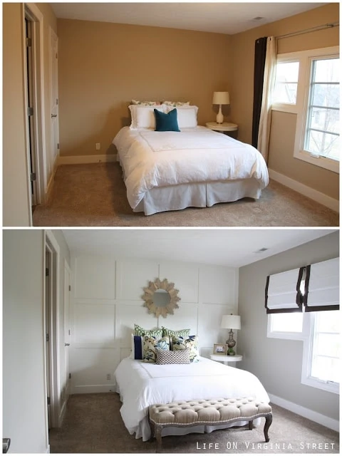 Guest Bedroom Before and After with Board and Batten Grid Wall