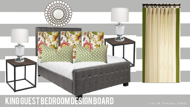 guest bedroom design board with gray and white striped walls