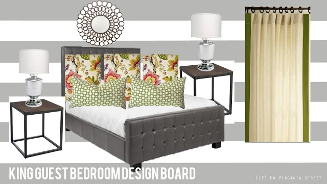 guest bedroom design board with gray and white striped walls