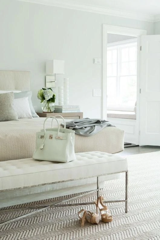 Seafoam light green on walls and neutral bedding and rug in master bedroom.