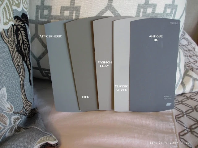 Behr Atmospheric, Pier, Fashion Gray, Classic Silver and Antique Tin comparison
