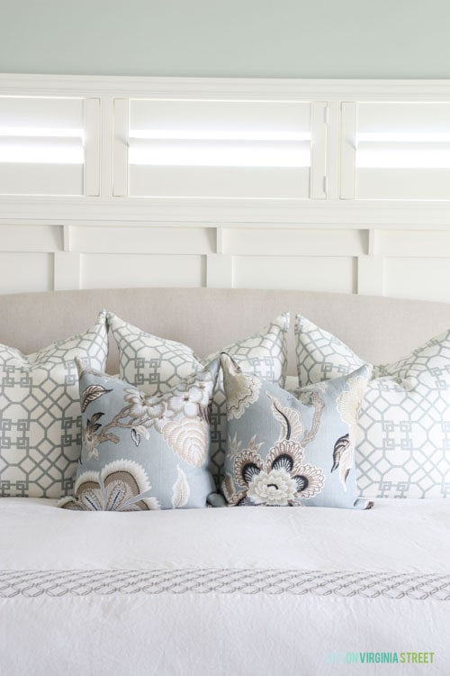 Master bedroom with Sea Salt painted walls, Schumacher Hothouse Flower pillows and Windsor Smith Pelagos shams.