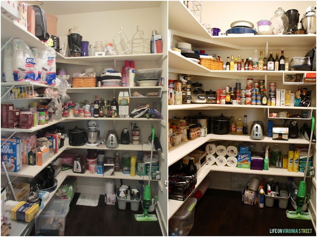 Pantry with shelving unit and lots of food items on them.