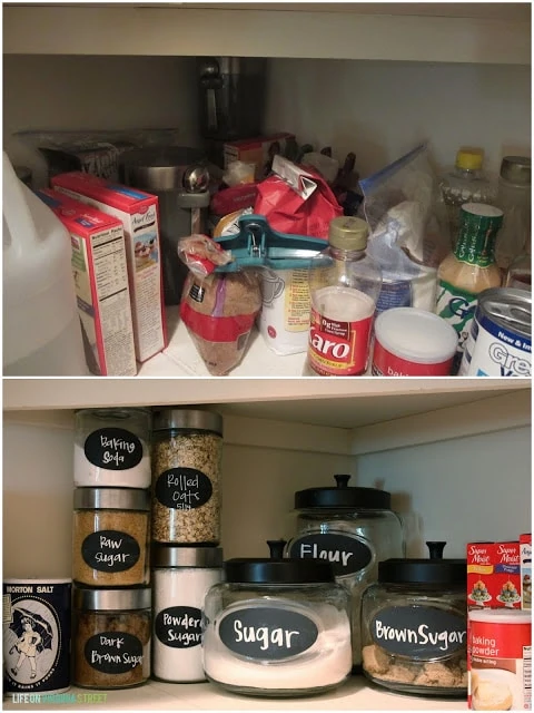 Glass jars with provisions in them all labelled on pantry shelf.