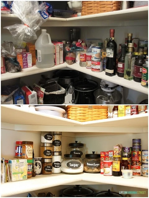 Glass jars in pantry on shelf with black labels.