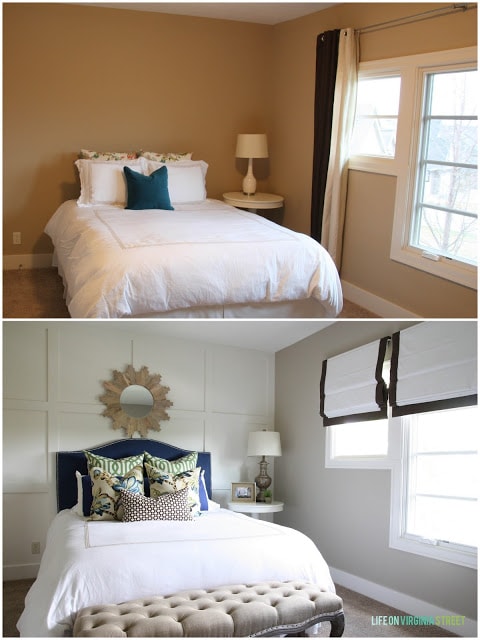 Before and After Neutral Guest Bedroom with a Blue Headboard