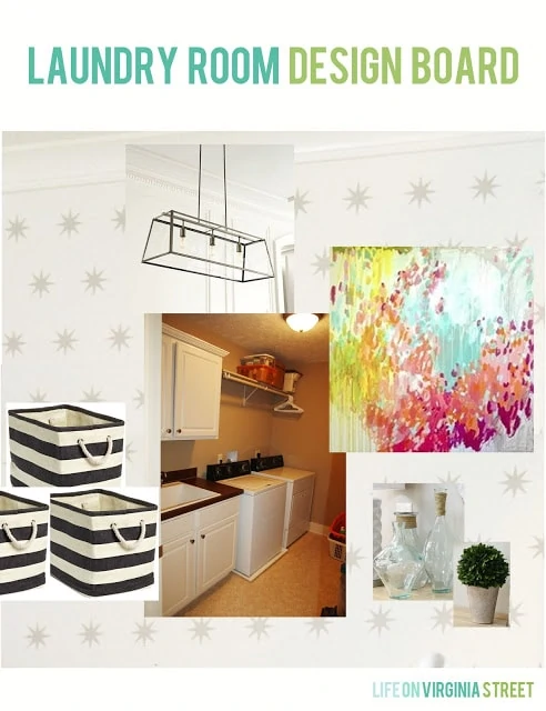 Laundry room design board with silver stars, striped baskets and colorful Michelle Armas artwork.