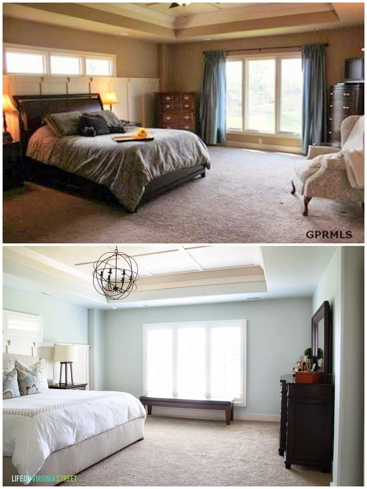 First picture of the bedroom in a yellowish tone with master bed and dressers, and the second picture with the walls painted in the sea salt and master bedroom all brightened up.