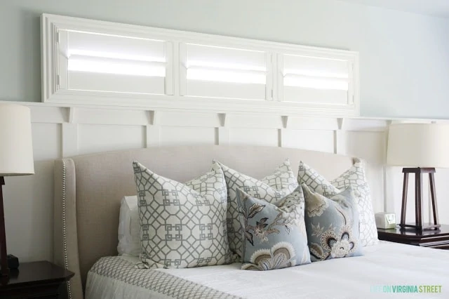 Master bedroom with linen wing bed, sea salt walls and designer pillows.