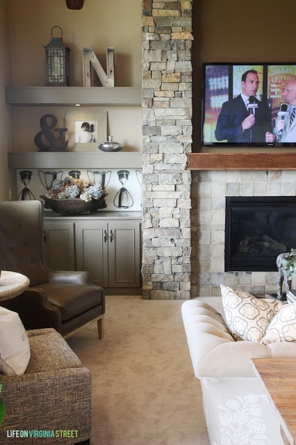 Stacked stone fireplace with gray built-in shelves. Love the look of this with the TV.