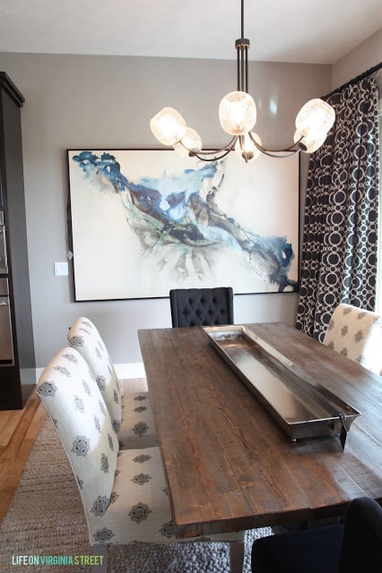 The dining room with fabric chairs around a wooden table, and large abstract artwork on the wall.